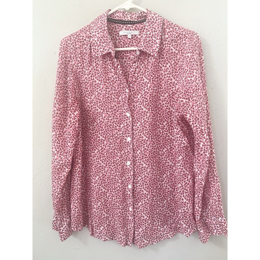 Foxcroft Easy Care Pink Red Heart Print Tencel Lyocell ButtonDown Shirt Size 12